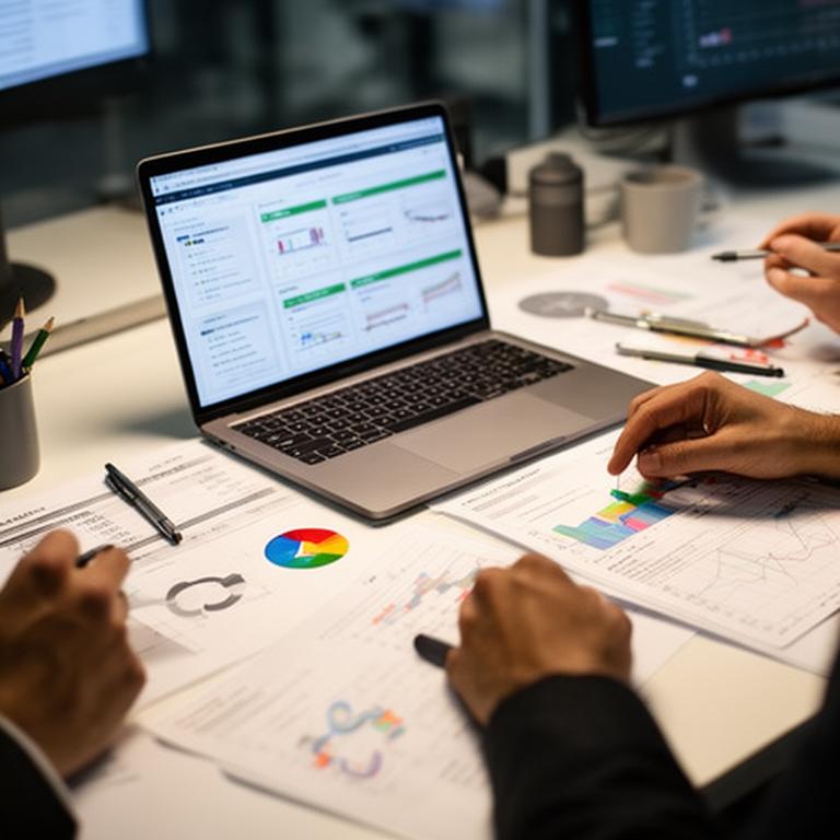 Finančný tím technologického startupu pri stole s modelmi cash flow a laptopom