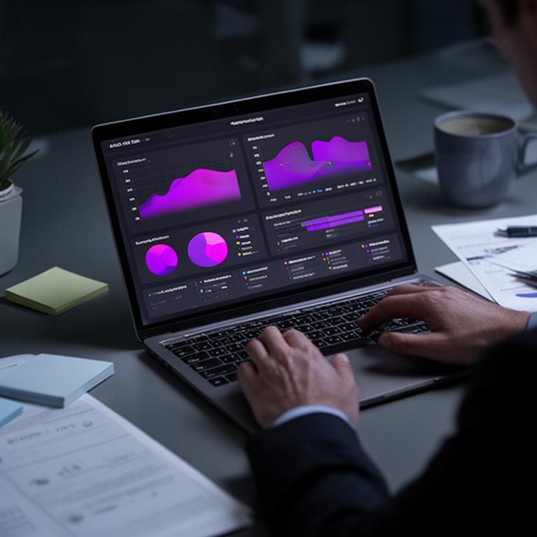 Konzultačný dashboard s finančnými grafmi a poznámkami na obrazovke notebooku